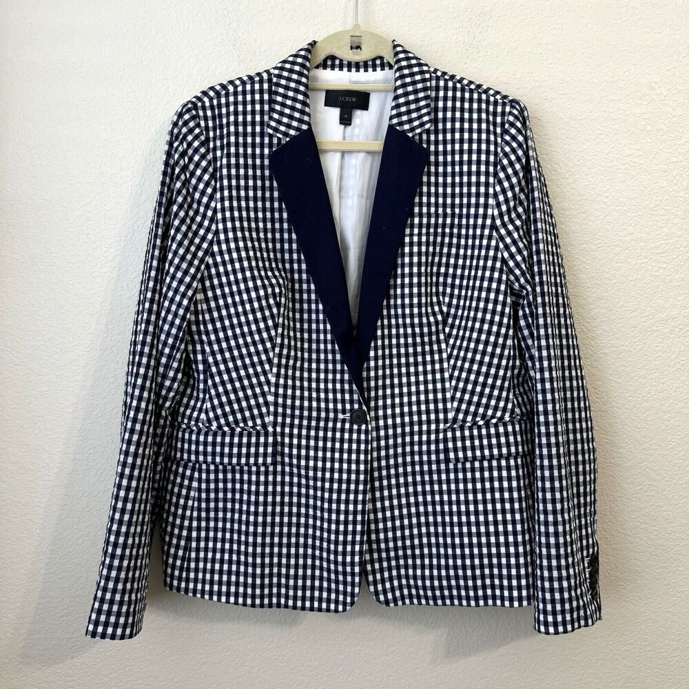 J.Crew Jacket Womens Size 6 Puckered Gingham Blazer Navy Lapel Navy White G2016